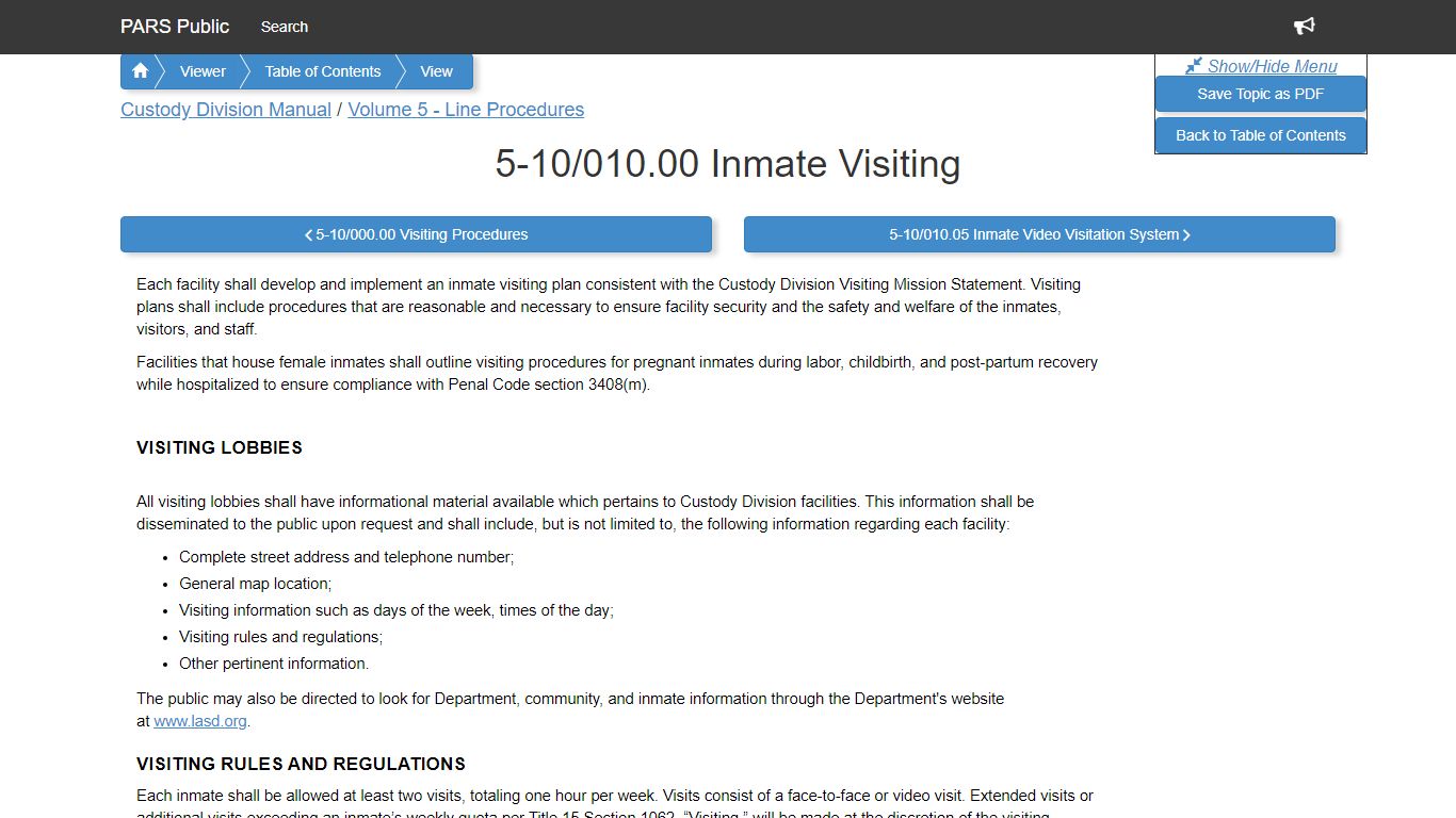 5-10/010.00 Inmate Visiting - PARS Public Viewer